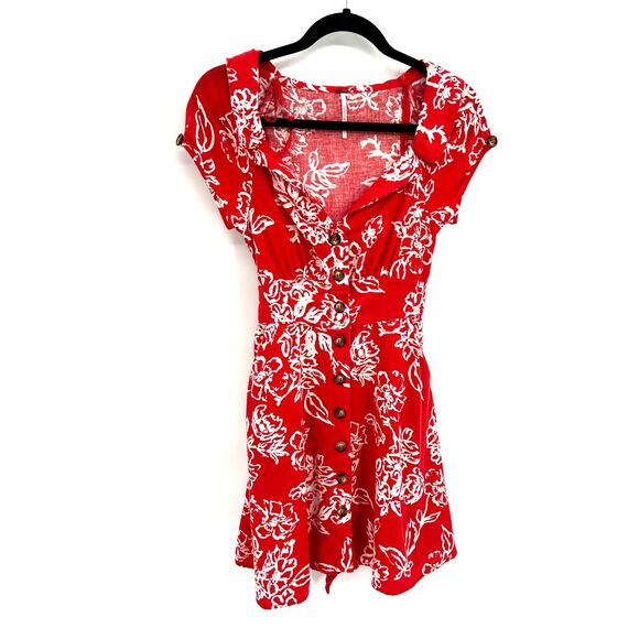 FREE PEOPLE Red Orange Floral Print Linen Button Up Babydoll Mini Dress Size 2 - Picture 3 of 8